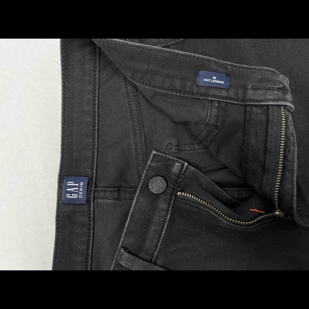 Black, GAP jeans. Size 28. Super comfortable.